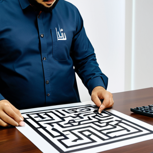 Home 13 "A professional graphic designer working on a logo design incorporating Kufic calligraphy, fully clothed, modern office setting, appropriate attire, safe for work, perfect anatomy, natural proportions, high quality, professional."