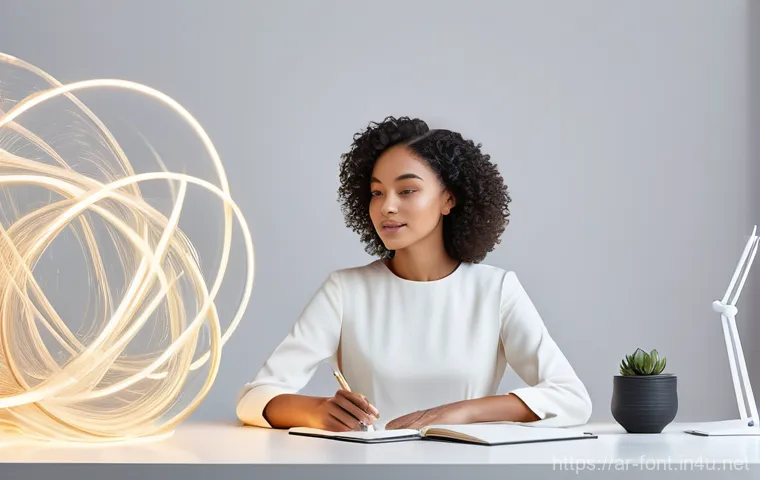 폰트 페어링 도구 소개 - A female graphic designer, wearing a stylish yet modest long-sleeved dress, sits at a sleek, brightl...