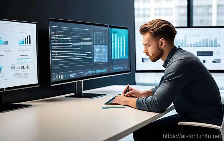 폰트 페어링 도구 소개 - A female graphic designer, wearing a stylish yet modest long-sleeved dress, sits at a sleek, brightl...