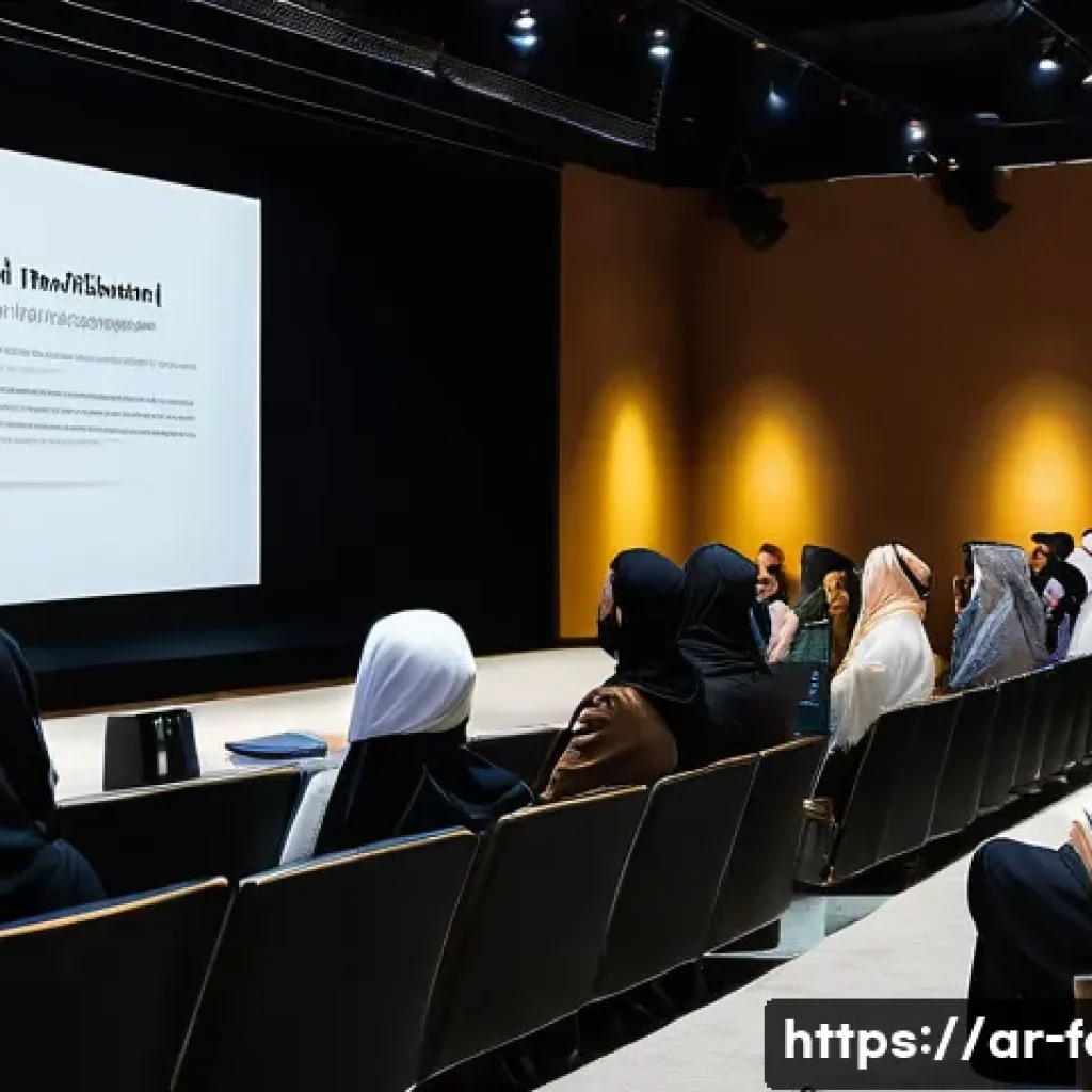 프레젠테이션 슬라이드에 어울리는 폰트 - Professional Presentation with Engaging Arabic Typography:**
"A professional Arab woman, in her late...