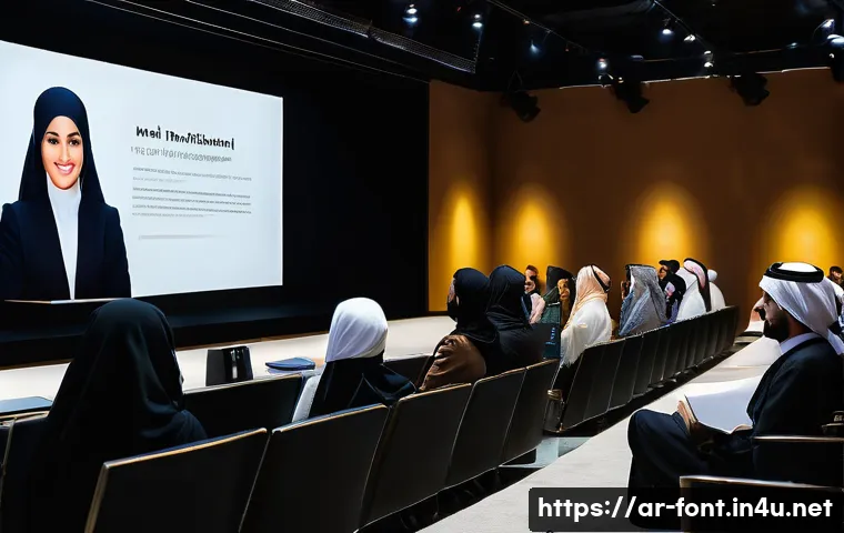 프레젠테이션 슬라이드에 어울리는 폰트 - Professional Presentation with Engaging Arabic Typography:**
"A professional Arab woman, in her late...