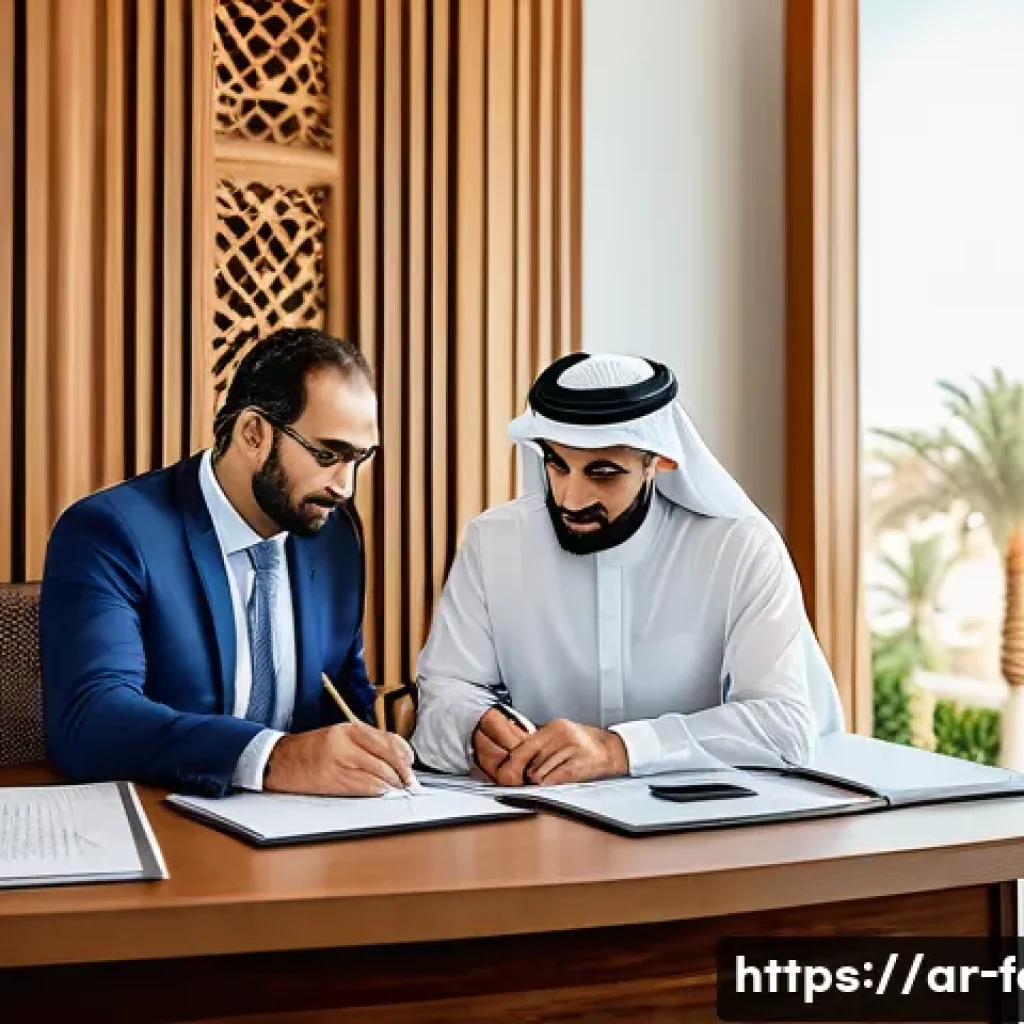 문서 작업을 위한 폰트 크기 설정 가이드 - A professional Arabic office setting with a middle-aged Arab man and woman collaborating over offici...