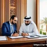 문서 작업을 위한 폰트 크기 설정 가이드 - A professional Arabic office setting with a middle-aged Arab man and woman collaborating over offici...