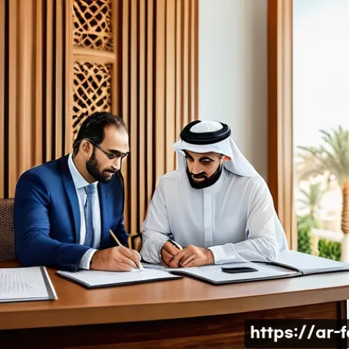 문서 작업을 위한 폰트 크기 설정 가이드 - A professional Arabic office setting with a middle-aged Arab man and woman collaborating over offici...