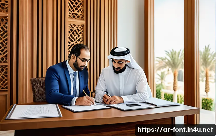 문서 작업을 위한 폰트 크기 설정 가이드 - A professional Arabic office setting with a middle-aged Arab man and woman collaborating over offici...