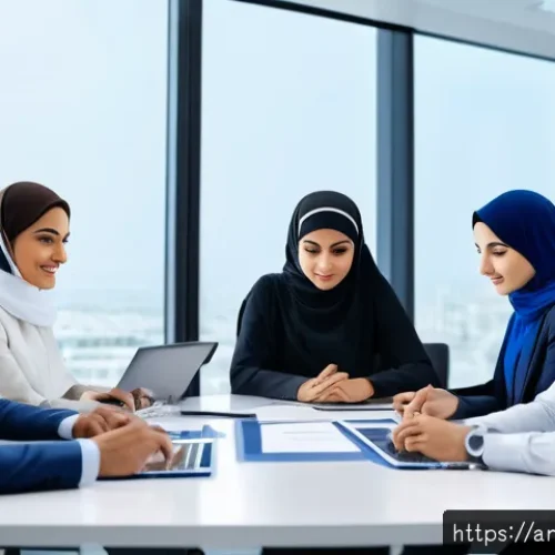 기업 문서 템플릿과 폰트 가이드 - A professional Arabic corporate office scene showcasing diverse employees collaborating around a sle...