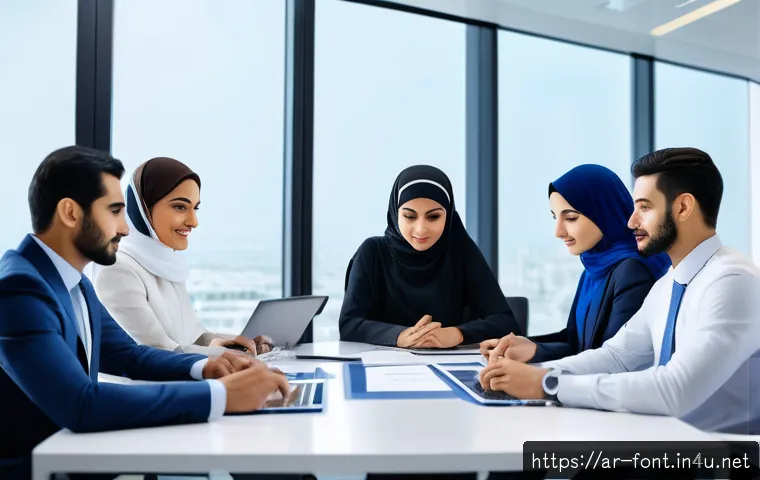 기업 문서 템플릿과 폰트 가이드 - A professional Arabic corporate office scene showcasing diverse employees collaborating around a sle...