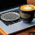 크리에이티브 문서에 적합한 폰트 추천 - A modern digital workspace featuring a sleek laptop screen displaying Arabic text in the traditional...