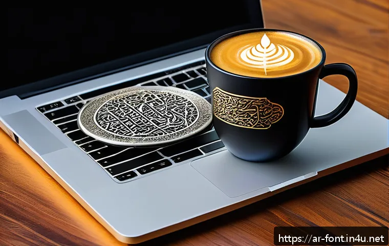 크리에이티브 문서에 적합한 폰트 추천 - A modern digital workspace featuring a sleek laptop screen displaying Arabic text in the traditional...