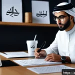 폰트 저작권을 위반하지 않는 방법 - A professional Arabic graphic designer sitting at a modern desk in a well-lit studio, carefully read...