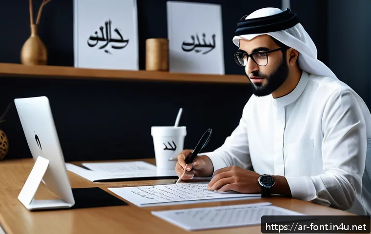 폰트 저작권을 위반하지 않는 방법 - A professional Arabic graphic designer sitting at a modern desk in a well-lit studio, carefully read...