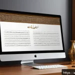 Home 23 문서 디자인에서 폰트의 역할 - A professional Arabic office setting featuring a sleek, modern digital document displayed on a high-...