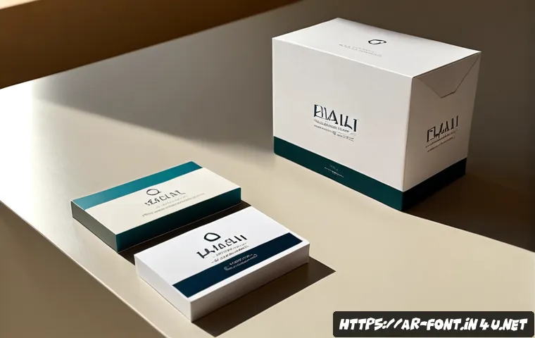 폰트 변경이 브랜딩에 미치는 영향 - Photorealistic branding design comparison on a clean modern desk in Dubai, two elegant blank product...