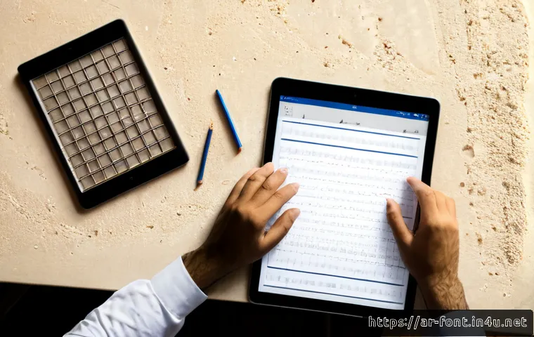 폰트 정렬과 디자인의 관계 - Photorealistic overhead view of an Arab graphic designer&rsquo;s tidy desk, hands carefully aligning blank...